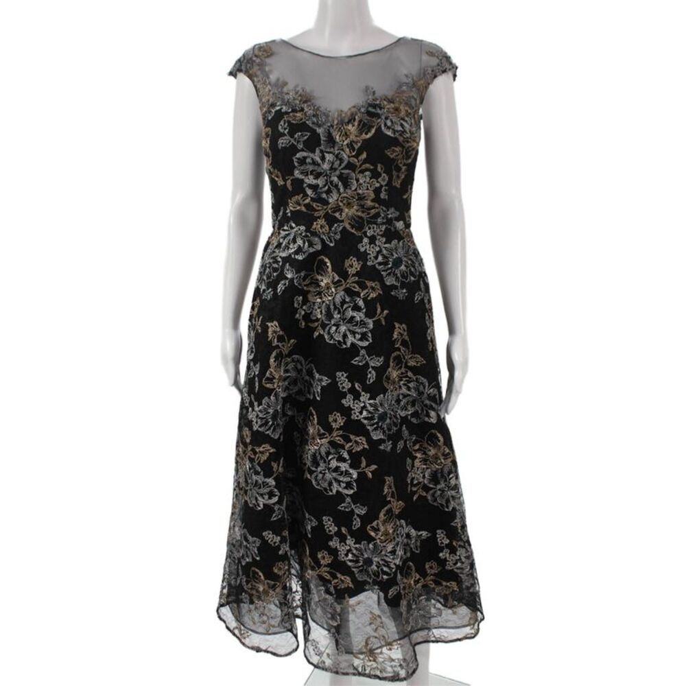 Rickie Freeman Teri Jon Womens Fit & Flare Black Floral Mid Calf Dress Size 2
